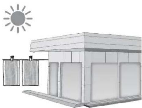 Simple line drawing of a sun-draped building with hanging laundry hanging under the roof (no text or symbols)