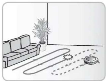 Interior scene showing a sofa, a potted plant, and a robotic vacuum cleaner with motion lines (no text or symbols)
