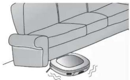 Illustration of a robotic vacuum cleaner placed on a sofa, with motion lines indicating vibration (no text or symbols)