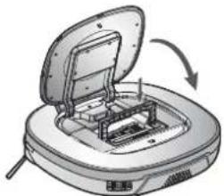 Diagram of a robotic vacuum cleaner with open lid and internal components, showing rotational arrow (no text or symbols)
