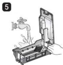 Illustration of hands using a tool to lift a water tap into a container (no text or symbols)