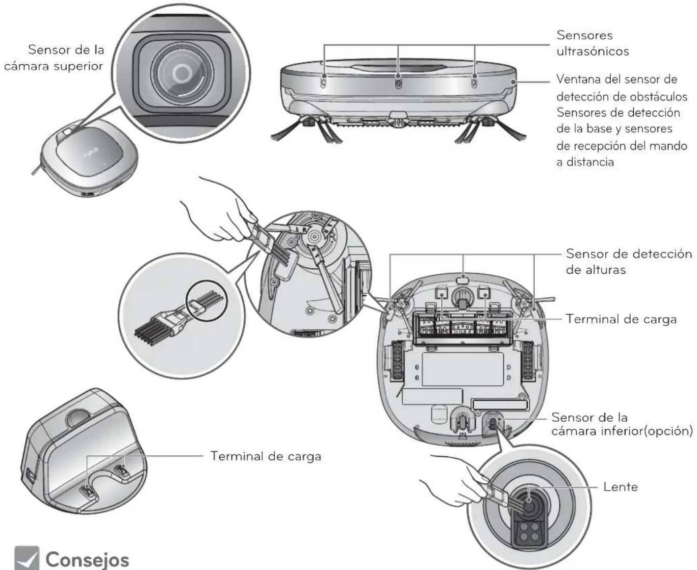Sensor de la cámara superior Sensores ultrasónicos Ventana del sensor de detección de obstáculos Sensores de detección de la base y sensores de recepción del mando a distancia Sensor de detección de alturas Terminal de carga Sensor de la cámara inferior(opción) Terminal de carga Lente Consejos
