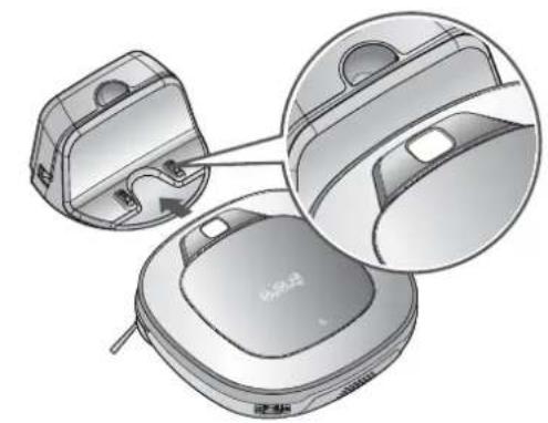 Illustration of a robotic vacuum cleaner with open lid and internal components, showing close-up views (no text or symbols)