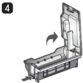 Diagram of a mechanical device with an open housing and internal components, showing a rotation arrow (no text or symbols)
