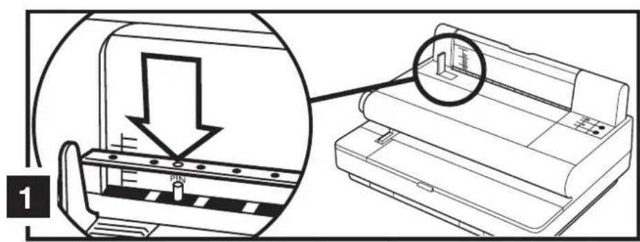 Technical diagram showing a printer with a pin inserted into a slot, alongside a magnified view of the insertion process.