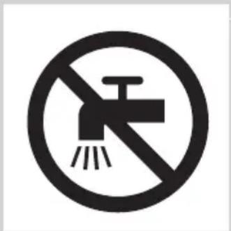 Prohibition sign indicating no fire or water discharge, featuring a faucet symbol with diagonal lines and a showerhead.