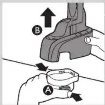 Diagram showing two hands operating a mechanical device labeled A and B, with arrows indicating motion or assembly steps.