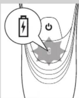 Diagram illustrating battery charging with a lightning bolt icon and power button, showing signal waves and a starburst pattern.