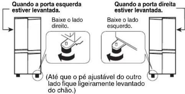 Quando a porta esquerda estiver levantada. Baixe o lado direito. (Até que o pé ajustável do outro lado fique ligeiramente levantado do chão.) Baixe o lado esquerdo. Quando a porta direita estiver levantada.