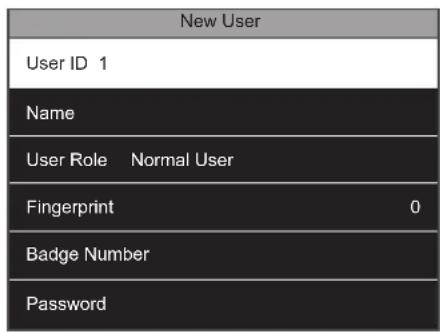 New User User ID 1 Name User Role Normal User Fingerprint 0 Badge Number Password