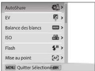 AutoShare EV Balance des blancs ISO Flash Mise au point MENU Quitter Sélectiondk