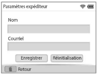 Paramètres expéditeur Nom Courriel Enregistrer Réinitialisation Retour