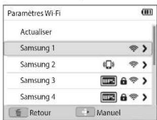 Paramètres Wi-Fi Actualiser Samsung 1 Samsung 2 Samsung 3 Samsung 4 Retour Manuel