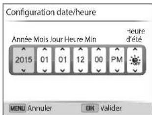 Configuration date/heure Année Mois Jour Heure Min Heure d'été 2015 01 01 12 00 PM MENU Annuler OK Valider