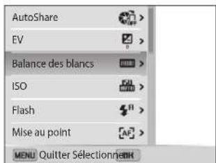 AutoShare EV Balance des blancs ISO Flash Mise au point MENU Quitter Sélection