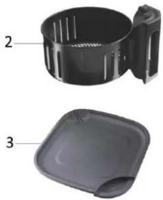 Two views of a black plastic appliance, one with internal slots and the other showing a lid (no text or symbols visible)
