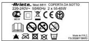 -Ariete Mod 8811 COPERTA DA SOTTO 220-240V~ 50/60Hz 2 x 55-65W ME10 Made in PRC. P.N.00881100ARD