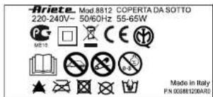 Ariete Mod.8812 COPERTA DA SOTTO 220-240V- 50/60Hz 55-65W ME10 Made in Italy P.N 003881200A/80