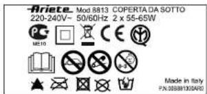 Ariete Mod. 8813 COPERTA DA SOTTO 220-240V-50/60Hz 2 x 55-65W ME10 Made in Italy FX:008813024/02