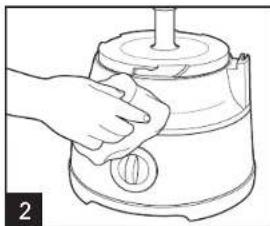 Line drawing of a hand holding a kitchen blender with a handle (no text or symbols)