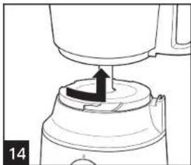 Line drawing of a blender with an arrow indicating the pressing point (no text or symbols present)