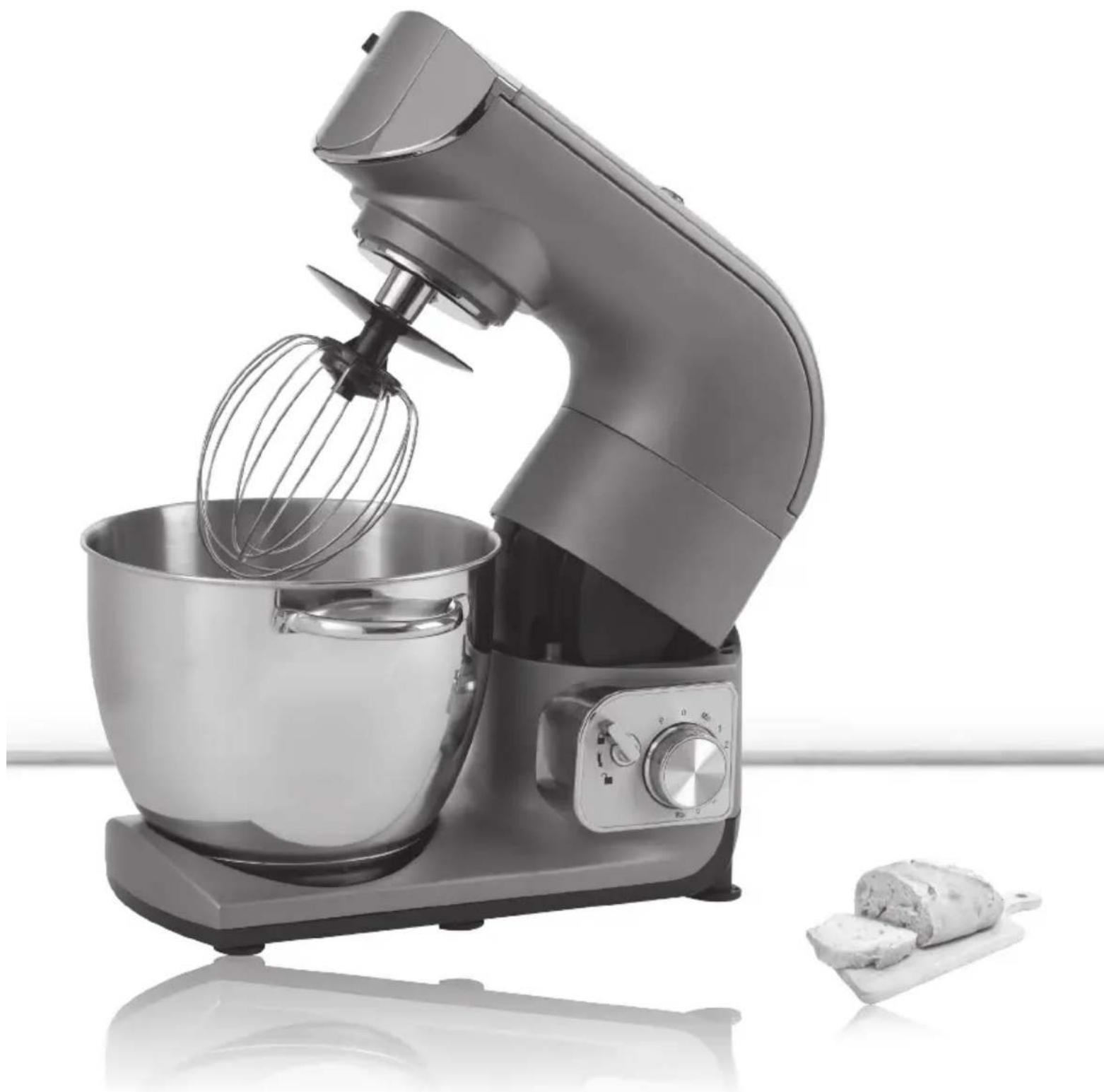 Modern kitchen stand mixer with whisk and bowl, next to a pair of bread slices (no text or symbols visible)