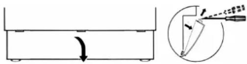 Diagram showing a container with a curved arrow indicating direction and an inset diagram illustrating the process with force vectors.