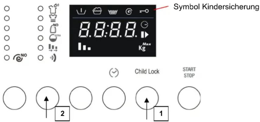 Symbol Kindersicherung 8.8:8.8. Kg Max NO Child Lock START STOP 2 1