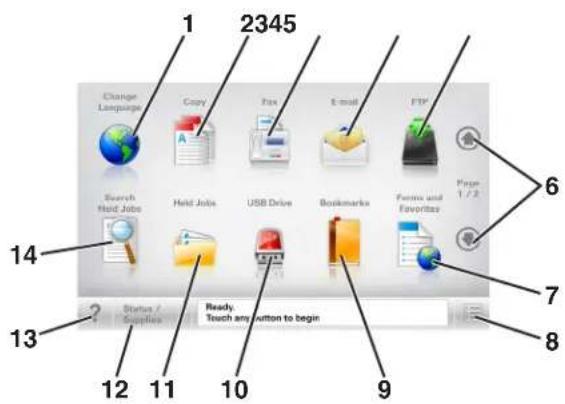 1 2345 Change Language Copy Fax E-mail FTP Search Hold Jobs Held Jobs USB Drive Bookmarks Forms and Favorites 6 7 8 9 10 11 12 13 Ready. Touch any button to begin