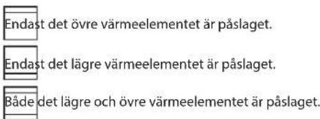 Endast det övre värmeelementet är påslaget. Endast det lägre värmeelementet är påslaget. Både det lägre och övre värmeelementet är påslaget.