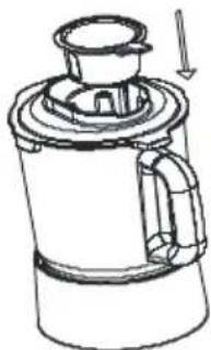 Line drawing of a kettle with a lid and handle, showing internal structure and a downward arrow (no text or symbols).
