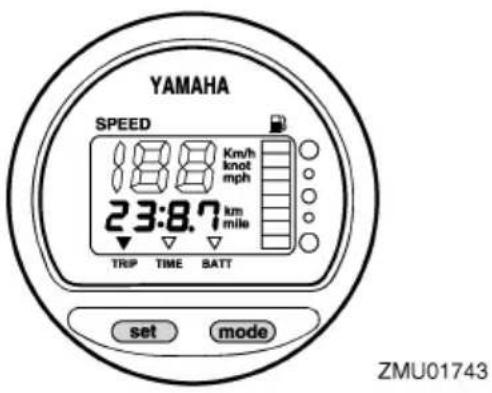 YAMAHA SPEED 18.8 Km/h knot mph 23:8.7 km mile TRIP TIME BATT set mode ZMU01743