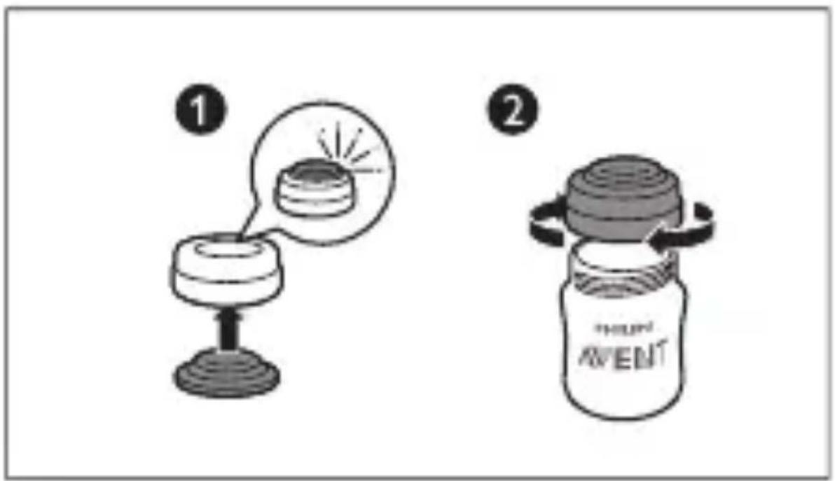 Illustration showing two steps of a cooking or cleaning procedure: step 1 shows a cup with a lid, step 2 shows a jar labeled 'AVENT' with a lid and curved arrow indicating rotation.