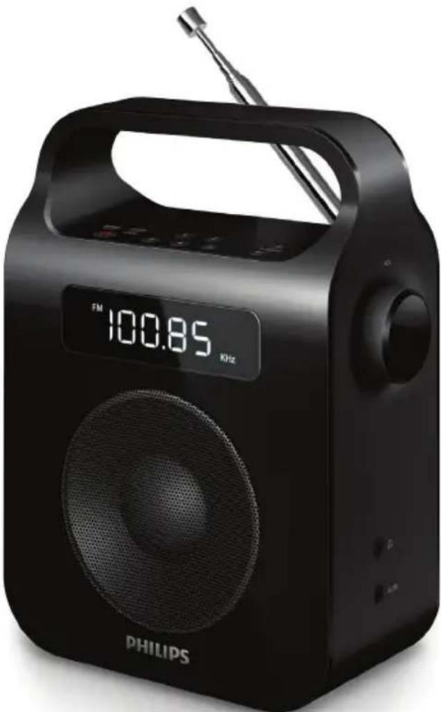 Black Philips radio with digital display showing 100.85 kHz, no visible text or symbols on device body