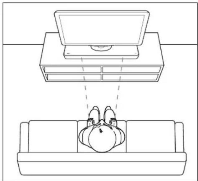 Line drawing of a person sitting on a sofa watching TV overhead, with no text or symbols present.