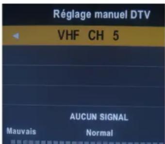 Réglage manuel DTV VHF CH 5 AUCUN SIGNAL Mauvais Normal