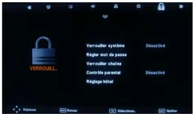 VERROUILL... Verrouiller système Régler mot de passe Verrouiller chaîne Contrôle parental Réglage hôtel Désactivé Désactivé Déplacer Retour Sélection.. Quitter