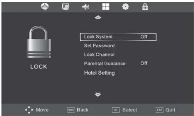 Lock System Set Password Lock Channel Parental Guidance Hotel Setting Move Back Select Exit Quit
