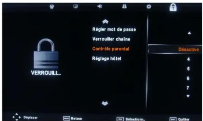 Régler mot de passe Verrouiller chaîne Contrôle parental Réglage hôtel Désactivé 4 5 6 7 Déplacer Retour Selection Quitter