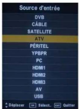 Source d'entrée DVB CÂBLE SATELLITE ATV PÉRITEL YPBPR PC HDMI1 HDMI2 HDMI3 AV USB Déplacer Select... Quitter