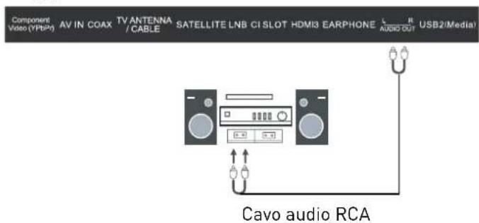 Component Video (YPBPs) AV IN COAX TV ANTENNA / CABLE SATELLITE LNB CI SLOT HDMI3 EARPHONE AUDIO OUT USB2(Media) Cavo audio RCA