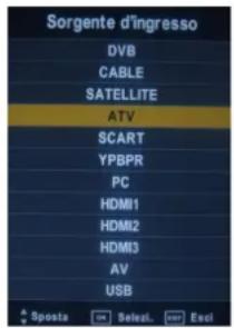 Sorgente d'ingresso DVB CABLE SATELLITE ATV SCART YPBPR PC HDMI1 HDMI2 HDMI3 AV USB ▲ Sposta → Select. → End