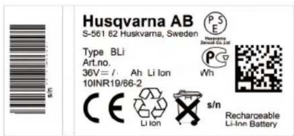 Husqvarna AB S-561 82 Huskvarna, Sweden Type BLi Art.no. 36V = / : Ah Li Ion 10INR19/66-2 CE Li ion s/n Rechargeable Li-Inn Battery