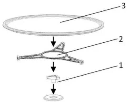 Diagram of a mechanical assembly with numbered components, showing a circular component being processed into a base and final part.