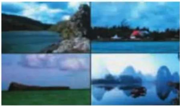 Four-panel collage showing a rocky lake, a small tent, a misty lake with mountains reflected in water, and a distant building under cloudy sky (no text or symbols)