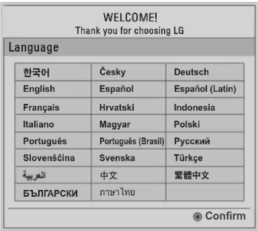 WELCOME! Thank you for choosing LG Language 한국어 Česky Deutsch English Espanöl Espanöl (Latin) Français Hrvatski Indonesia Italiano Magyar Polski Português Português (Brasil) Rусский Slovensčina Svenska Türkçe العربية 中文 繁體中文 БЪЛГАРСКИ ภาษาไทย Confirm