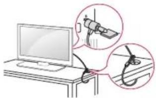 Illustration of a computer monitor connected to a cable with two magnified insets showing mechanical components (no text or symbols present).
