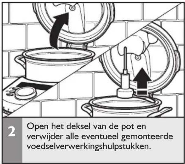 2 Open het deksel van de pot en verwijder alle eventueel gemonteerde voedselverwerkingshulpstukken.