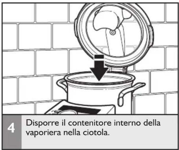 4 Disporre il contenitore interno della vaporiera nella ciotola.