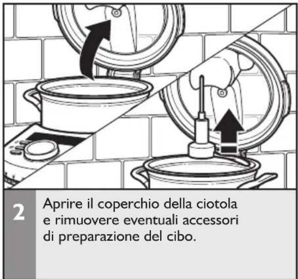 2 Aprire il coperchio della ciotola e rimuovere eventuali accessori di preparazione del cibo.